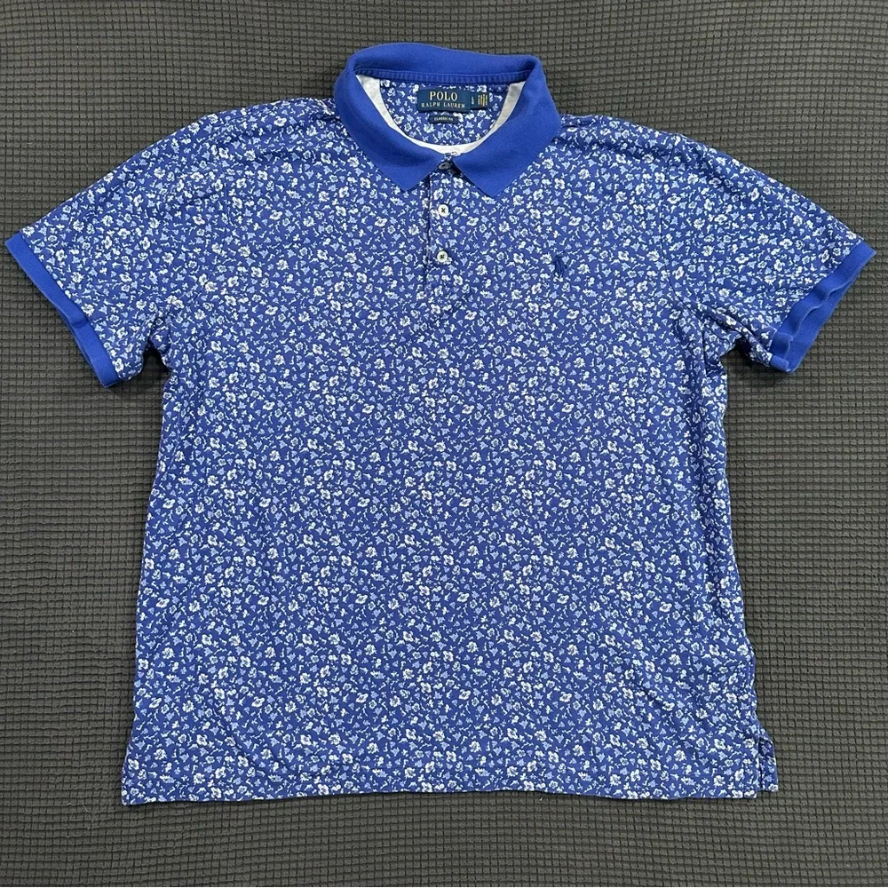 Polo Ralph Lauren Blue Floral Polo Shirt Classic Fit Mens Size Large